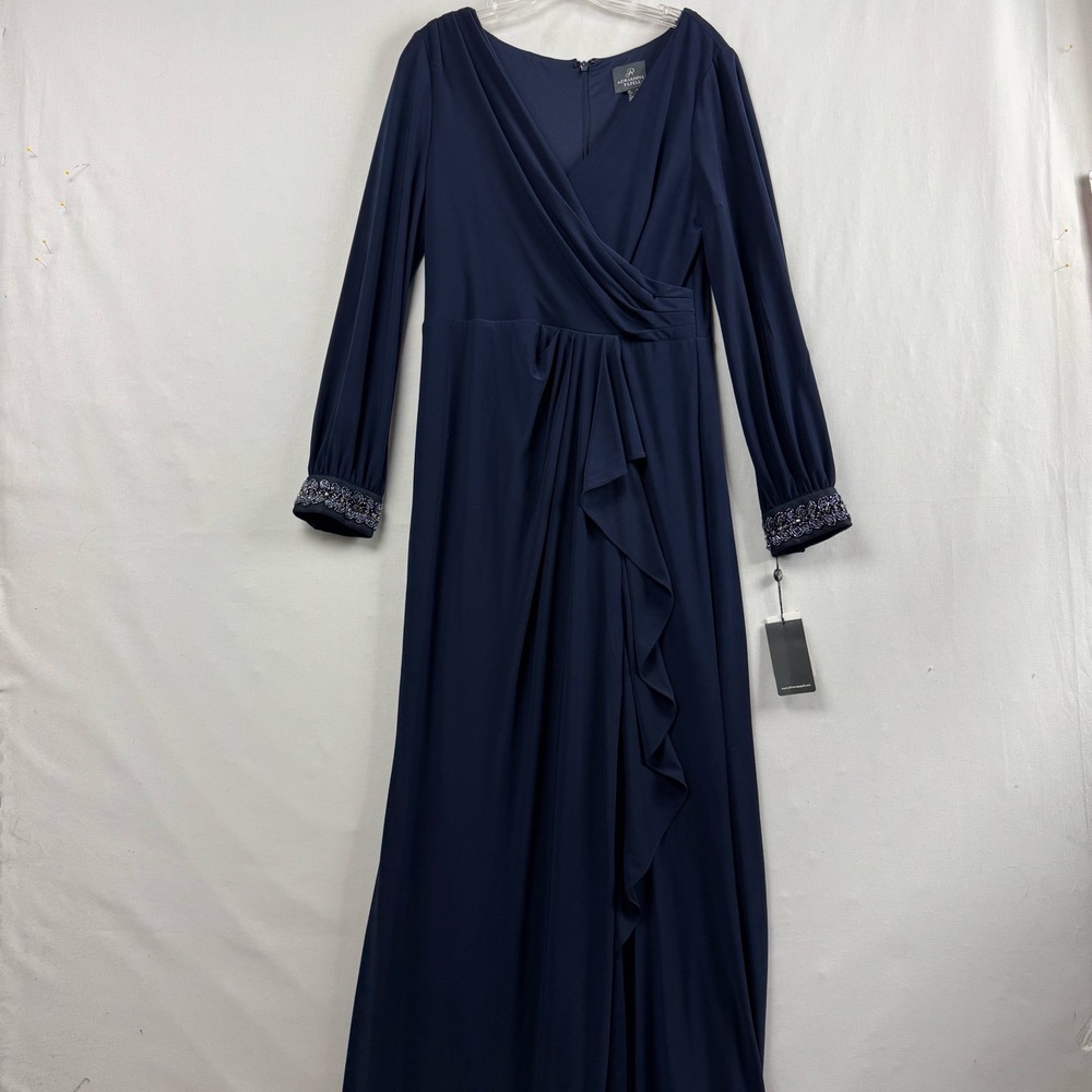 Adrianna Papell Dress Womens size 8 Evening Gown Long Sleeve Beaded Ruffle Blue